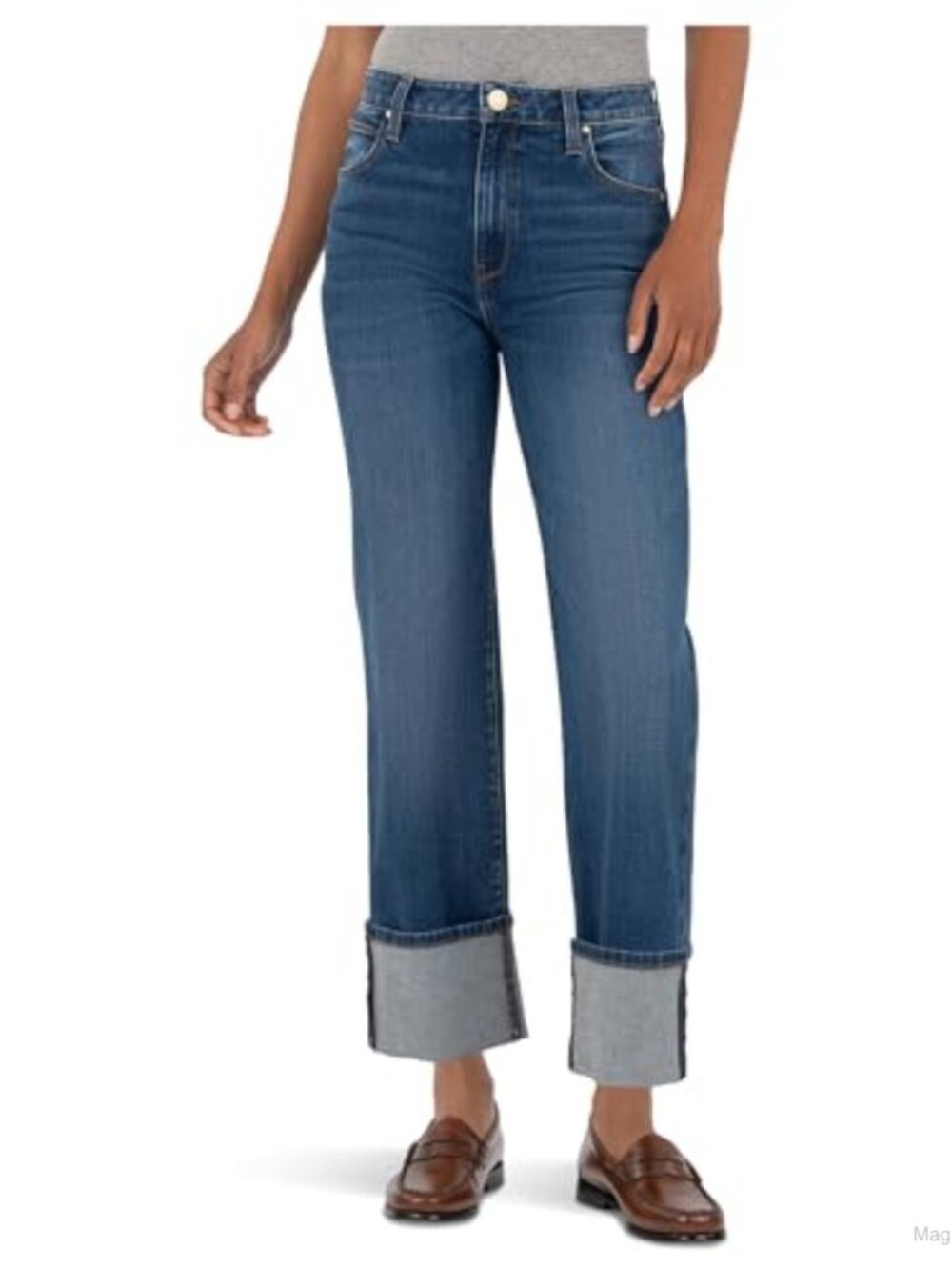 High Rise Straight Leg Jeans Roll Up 5 Inch Stretch Cotton Blend